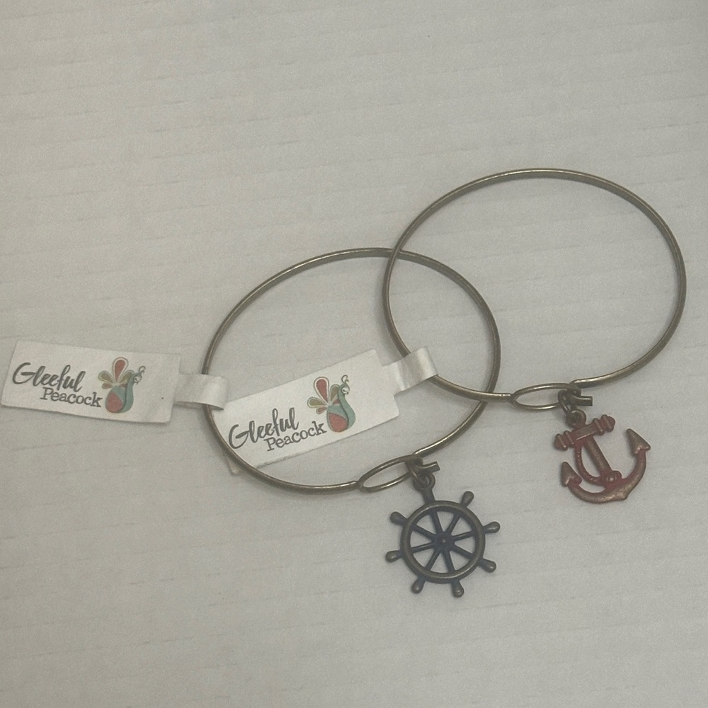 Nautical Charm Bracelets Bangle Lot of 2 Gleeful Peacock Anchor and Ship Wheel